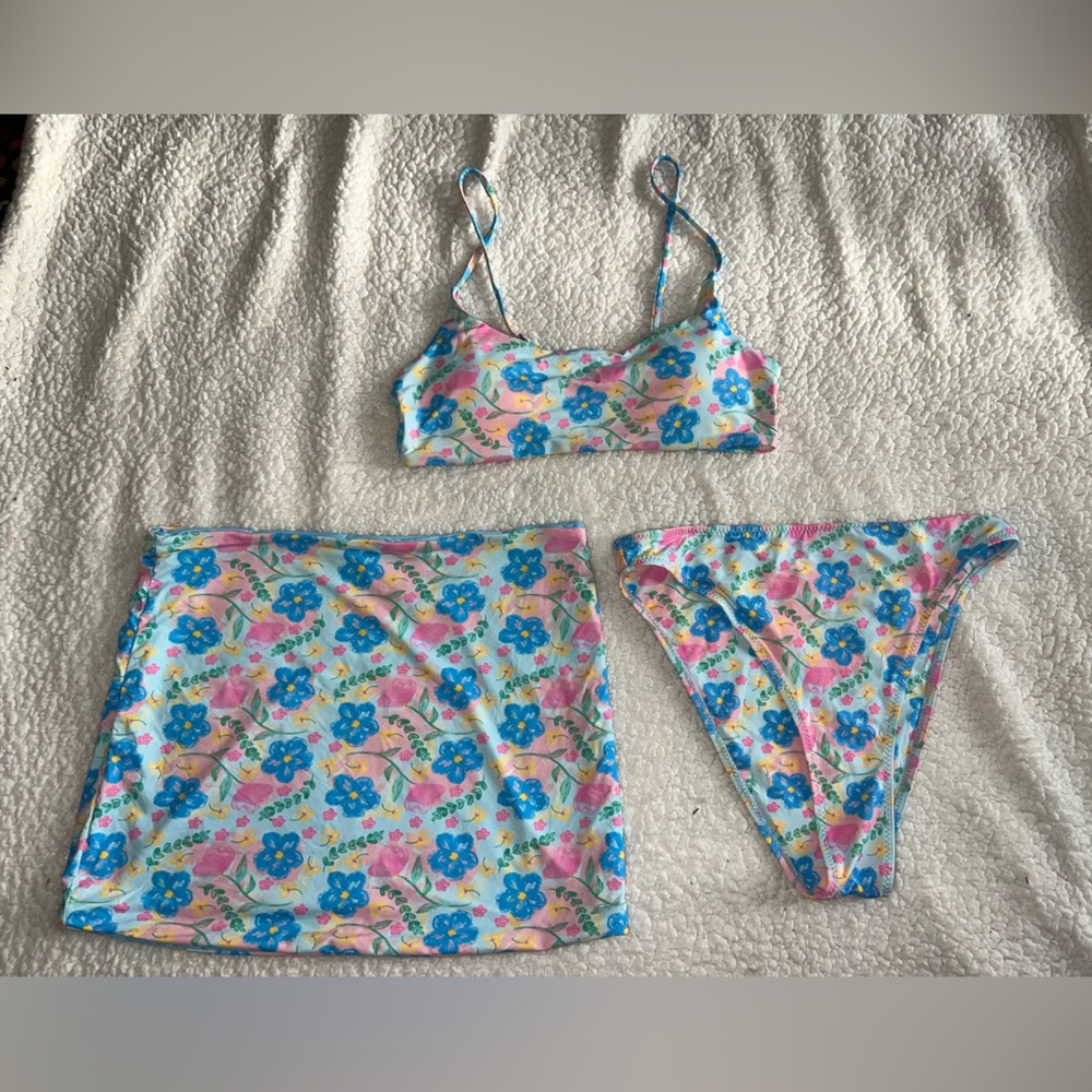 Grey Bandit GB x ANA Blue Floral 3 Piece Bikini Set Bra & Panty Large Skirt XL